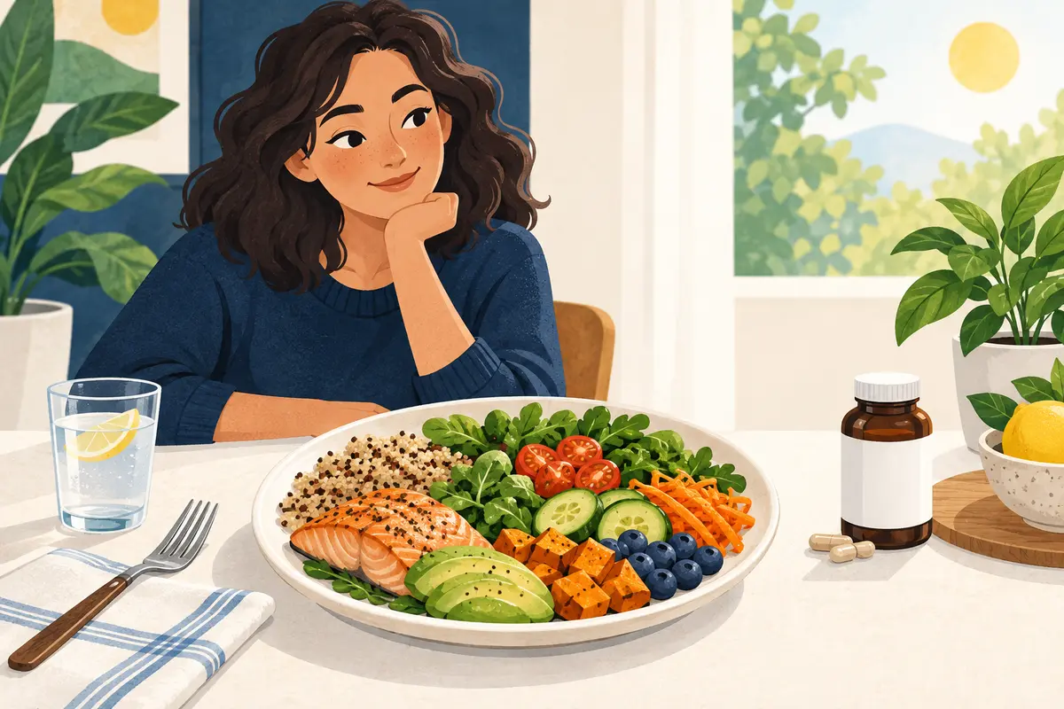 A balanced meal beside a supplement bottle while a person considers their options