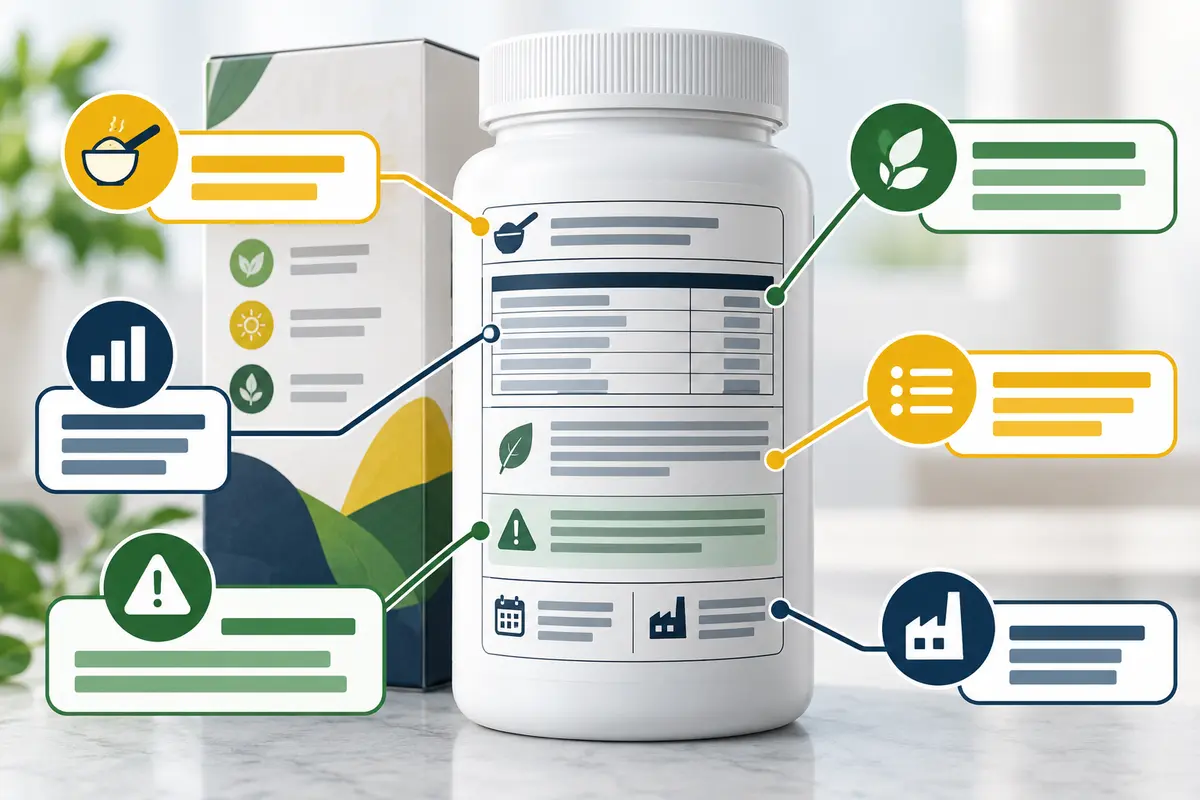 A supplement label with callouts for serving information, ingredients, warnings, date and manufacturer
