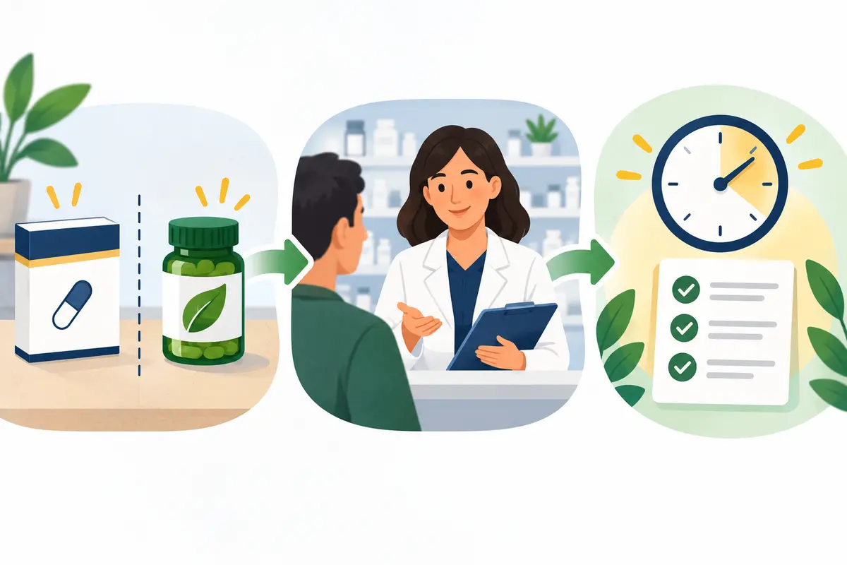 A pathway from separate medicine and supplement containers to a pharmacist review and timing check