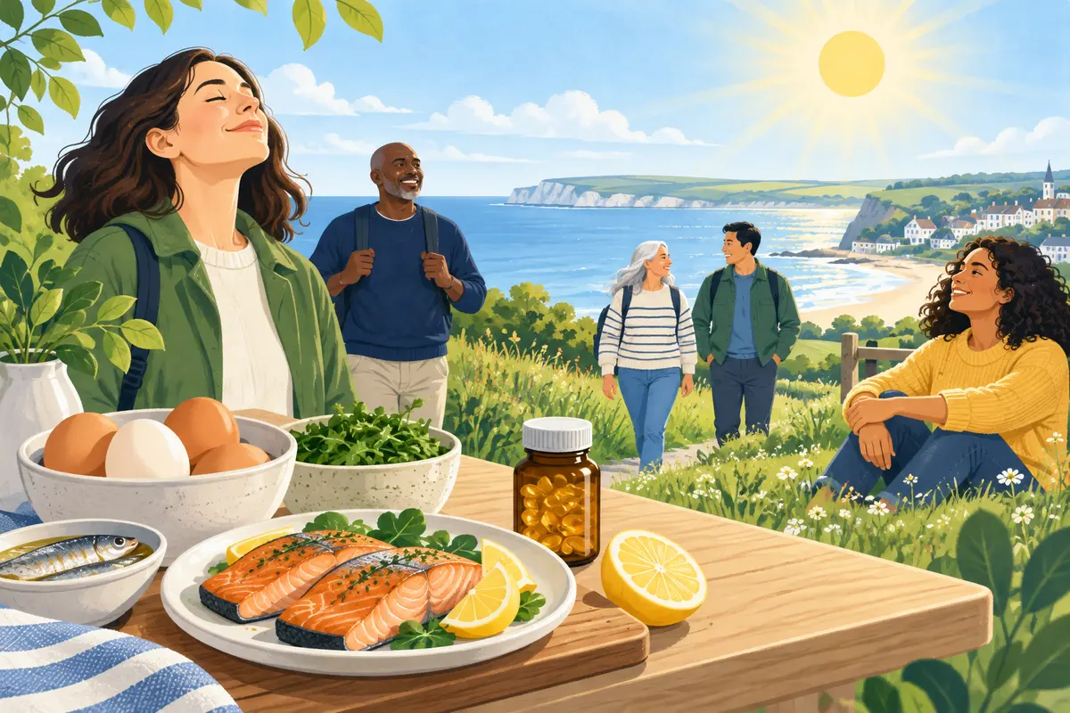 People enjoying daylight beside vitamin D food sources including oily fish and eggs