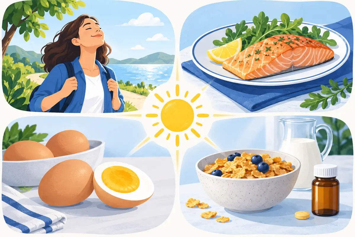 Vitamin D sources illustrated through daylight, oily fish, eggs, fortified cereal and supplements